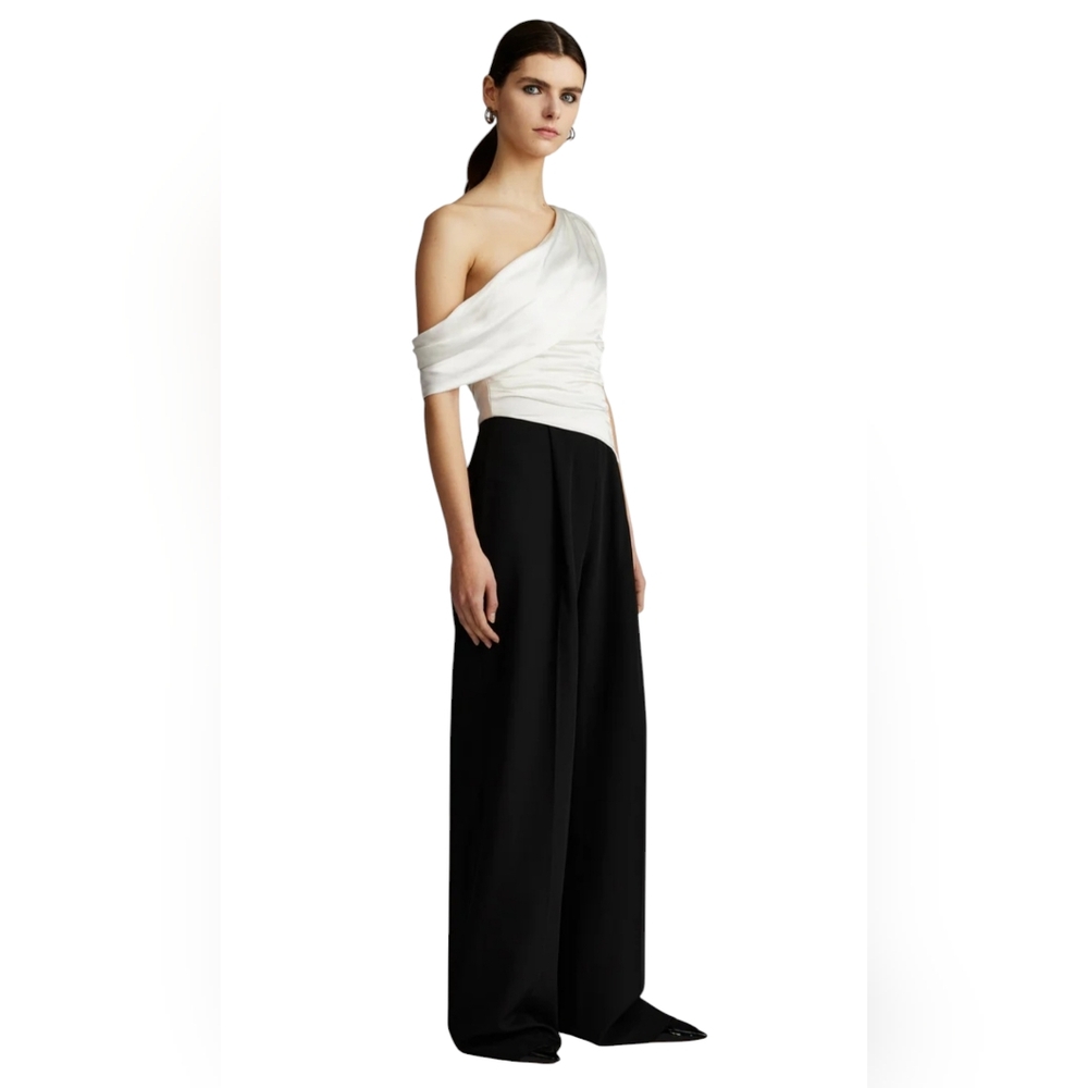 ZAC POSEN One-Shoulder Draped Jumpsuit Ivory/Black Size 10 NWT $595